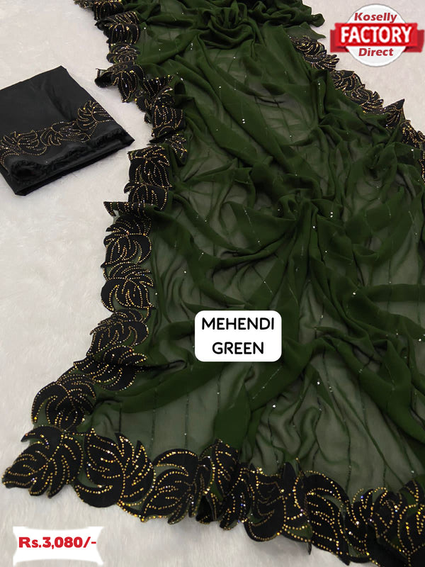 Mehendi Green Georgette Velvet Border Partywear Saree