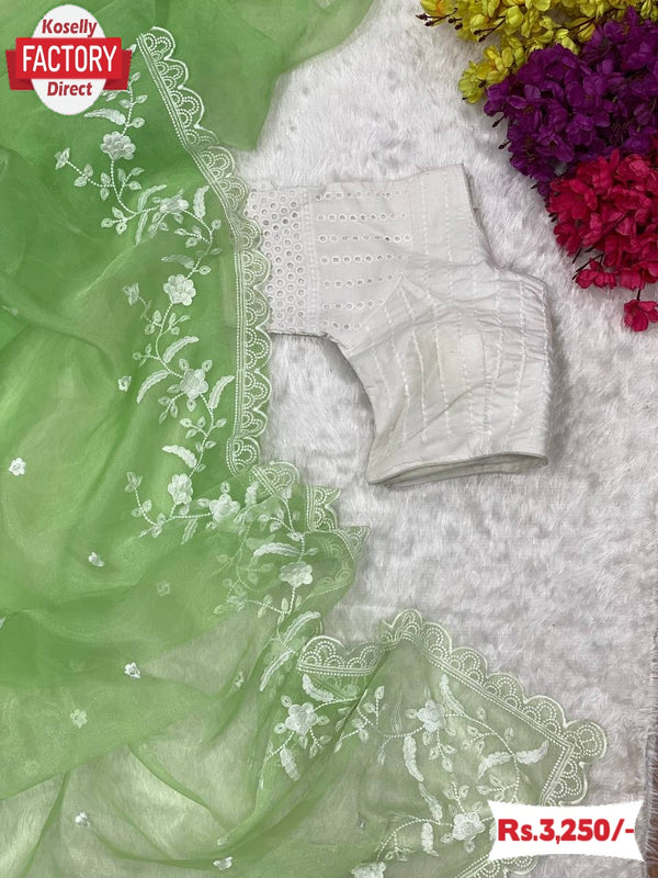 Light Green Pure Soft Organza Embroidered Partywear Saree With Readymade Blouse