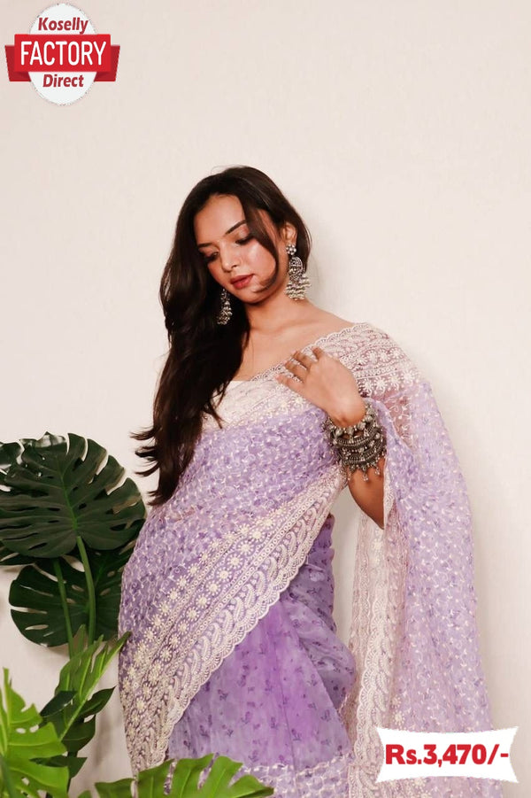 Lavender Soft Organza Chikankari Partywear Saree