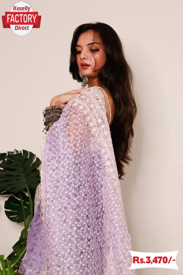 Lavender Soft Organza Chikankari Partywear Saree