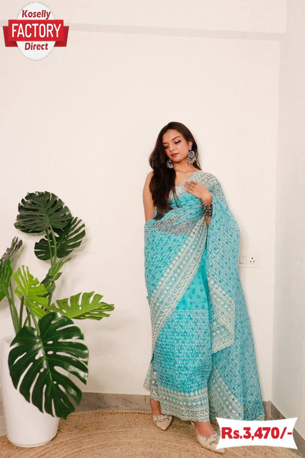 Sky Blue Soft Organza Chikankari Partywear Saree