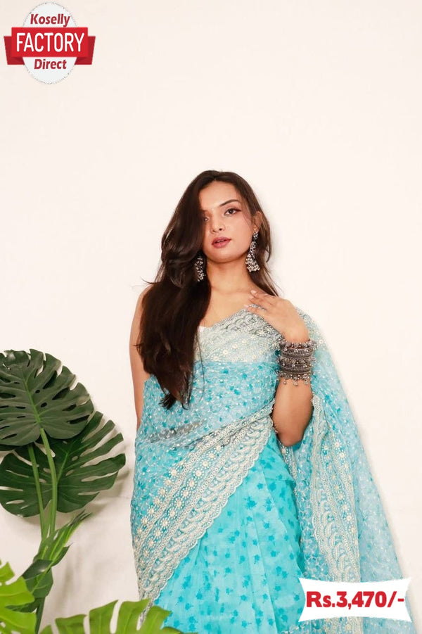 Sky Blue Soft Organza Chikankari Partywear Saree