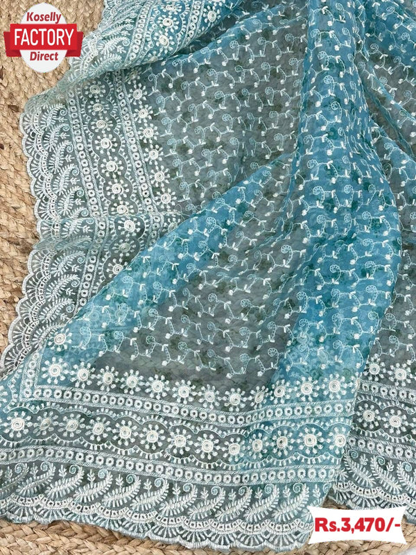 Sky Blue Soft Organza Chikankari Partywear Saree