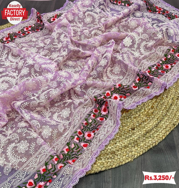 Pink Organza Chikankari Partywear Saree