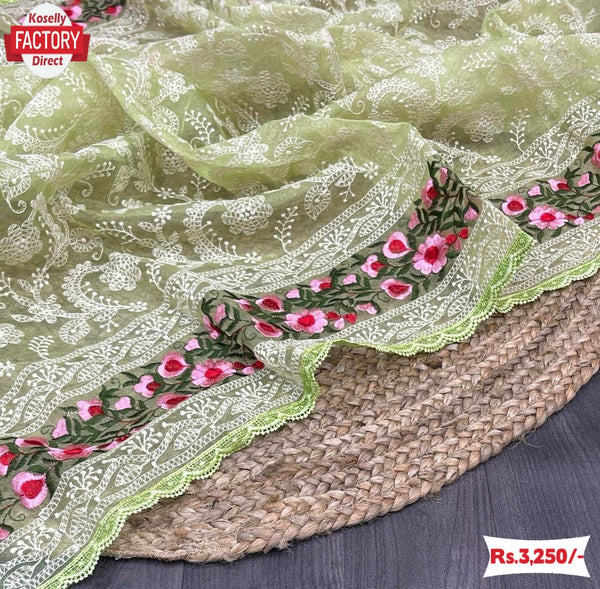 Light Green Organza Chikankari Partywear Saree