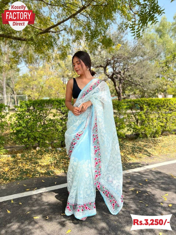 Light Blue Organza Chikankari Partywear Saree