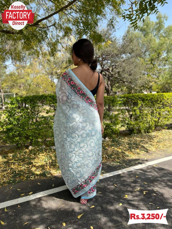 Light Blue Organza Chikankari Partywear Saree