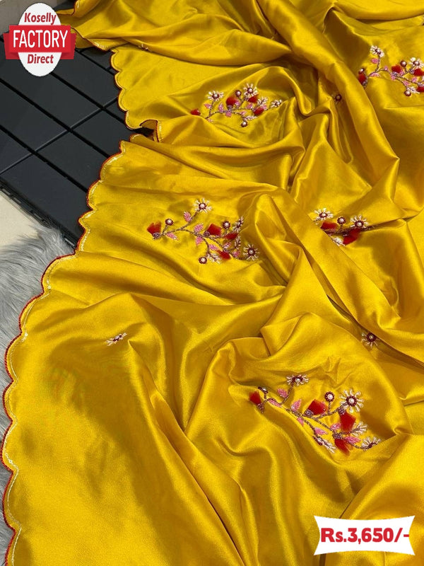 Yellow Pure Malai Silk Embroidered Partywear Saree