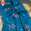 Teal Blue Pure Malai Silk Embroidered Partywear Saree