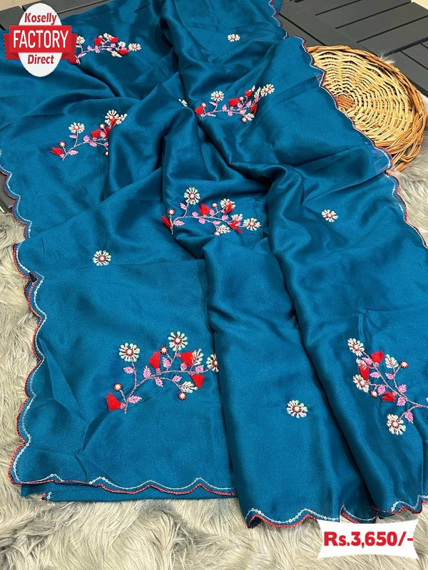 Teal Blue Pure Malai Silk Embroidered Partywear Saree