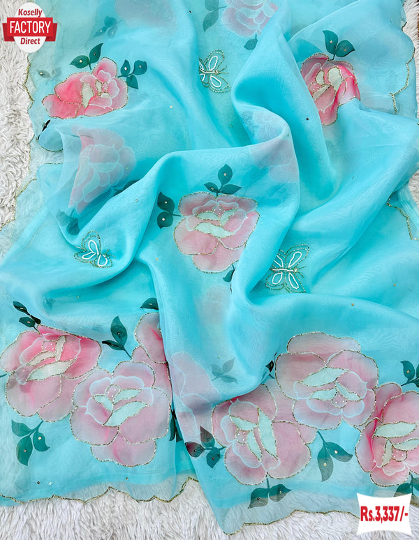 Sky Blue Organza Handwork Partywear Saree