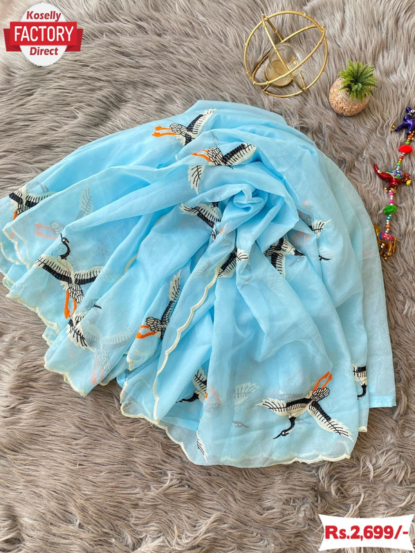 Sky Blue Pure Soft Organza Duck Embroidered Fancy Saree