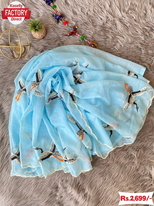 Sky Blue Pure Soft Organza Duck Embroidered Fancy Saree