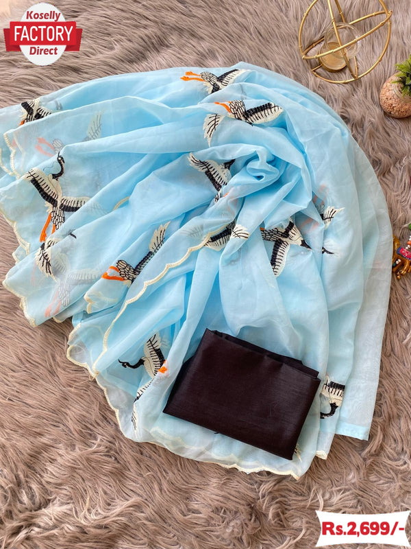 Sky Blue Pure Soft Organza Duck Embroidered Fancy Saree