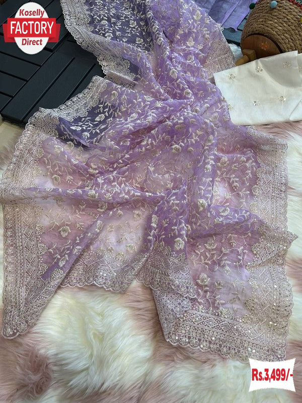 Lavender Pure Organza Chikankari Work Partywear Saree