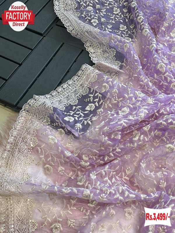 Lavender Pure Organza Chikankari Work Partywear Saree