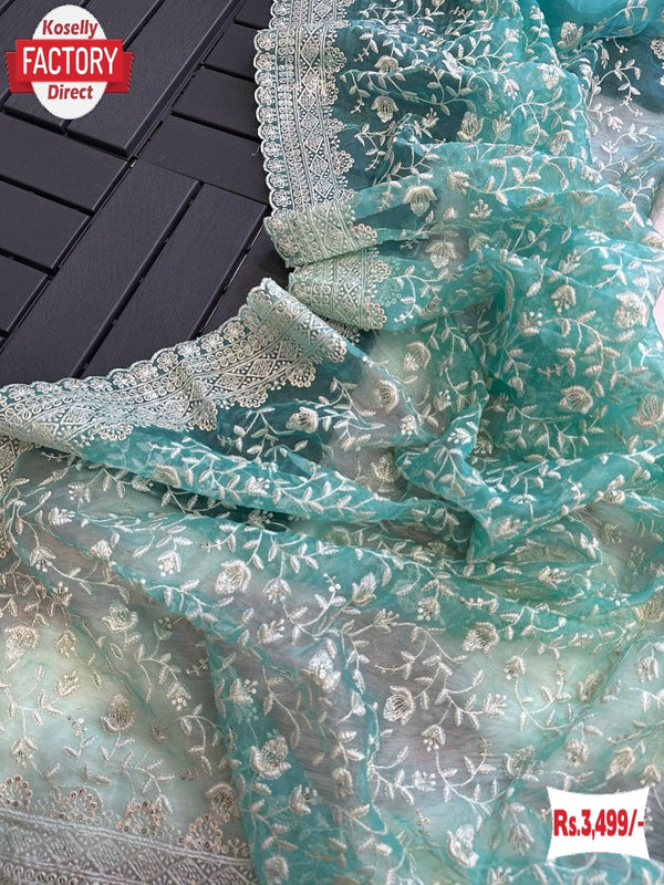 Sea Green Pure Organza Chikankari Work Partywear Saree