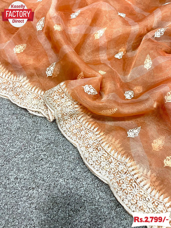 Orange Pure Organza Leheriya Embroidered Saree