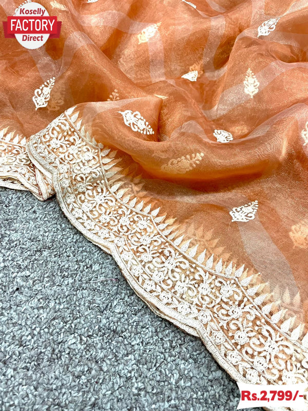 Orange Pure Organza Leheriya Embroidered Saree