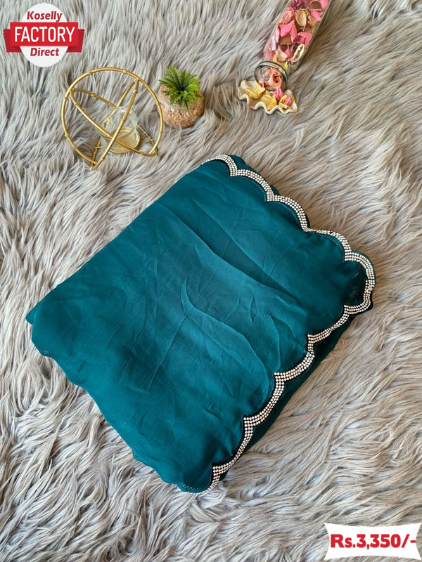 Teal Chiffon Saree With Velvet Zircon Border