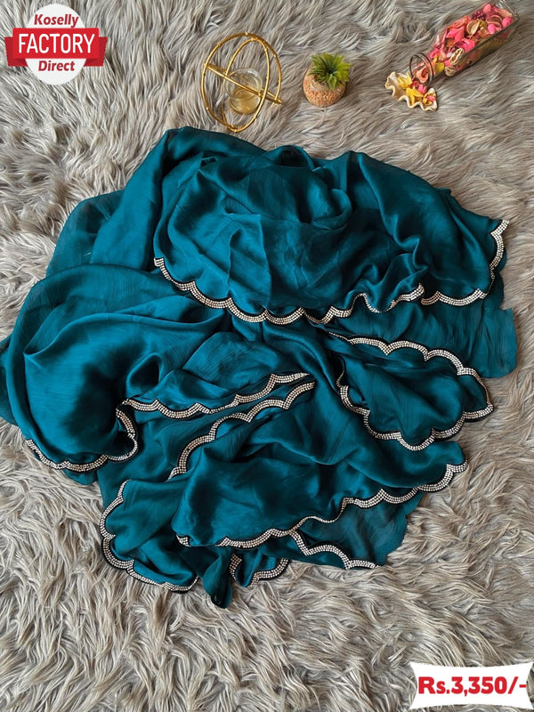 Teal Chiffon Saree With Velvet Zircon Border