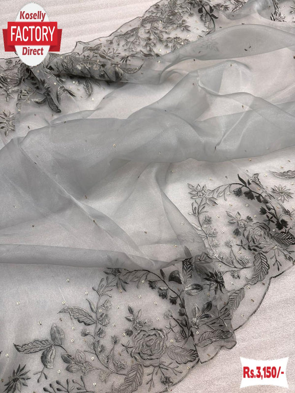 Grey Pure Organza Thread And Sequins Partywear Saree