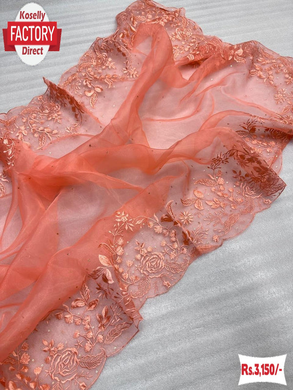 Peach Pure Organza Thread And Sequins Partywear Saree