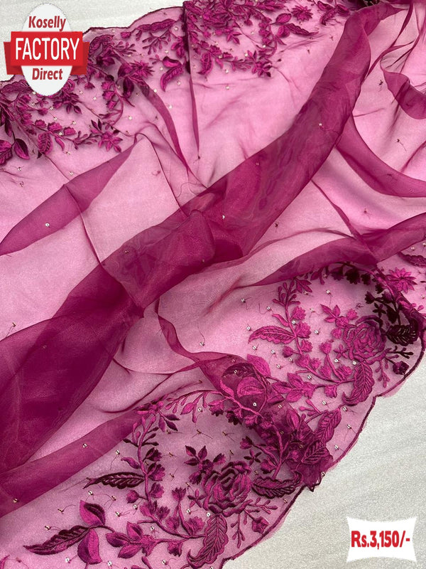 Wine Pure Organza Thread And Sequins Partywear Saree