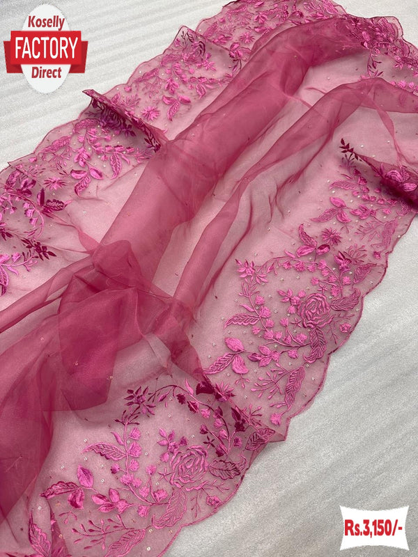 Nude Pink Pure Organza Thread And Sequins Partywear Saree