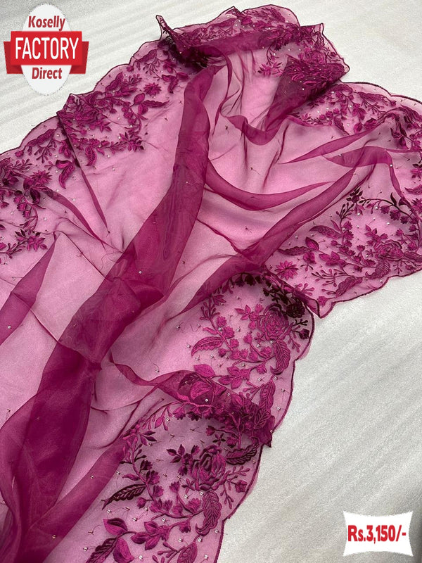 Wine Pure Organza Thread And Sequins Partywear Saree