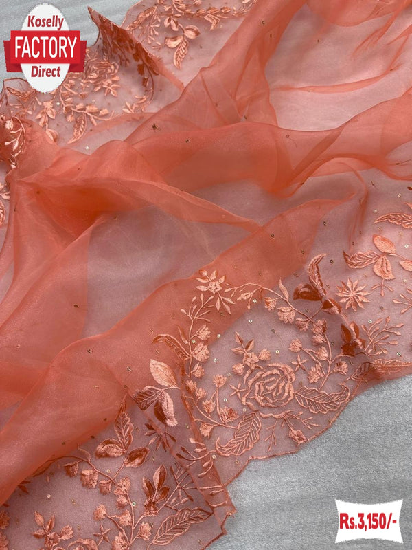 Peach Pure Organza Thread And Sequins Partywear Saree