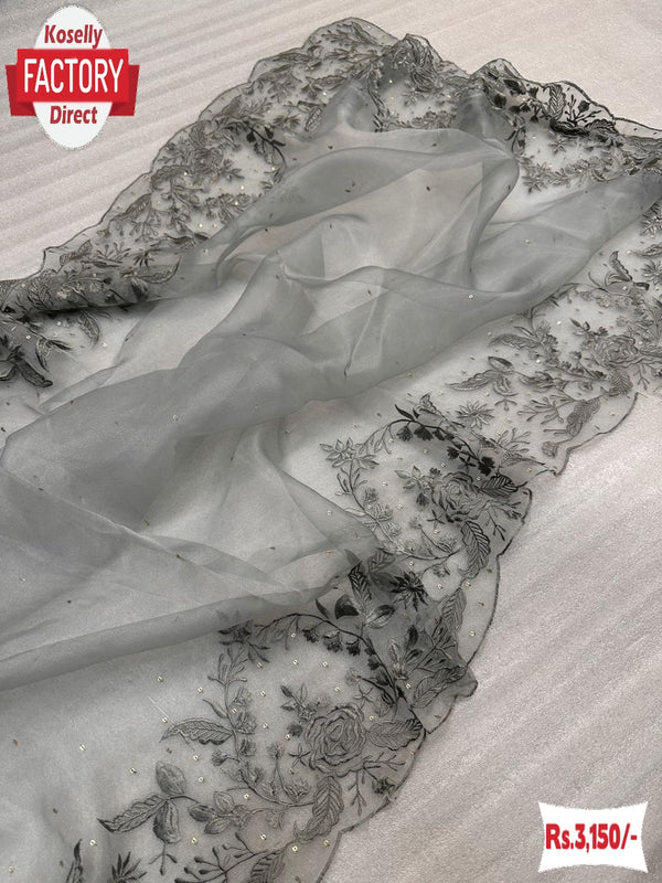 Grey Pure Organza Thread And Sequins Partywear Saree