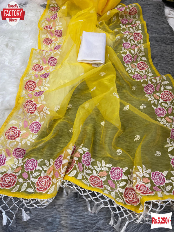 Yellow Pure Soft Organza Multi-embroidery Partywear Saree