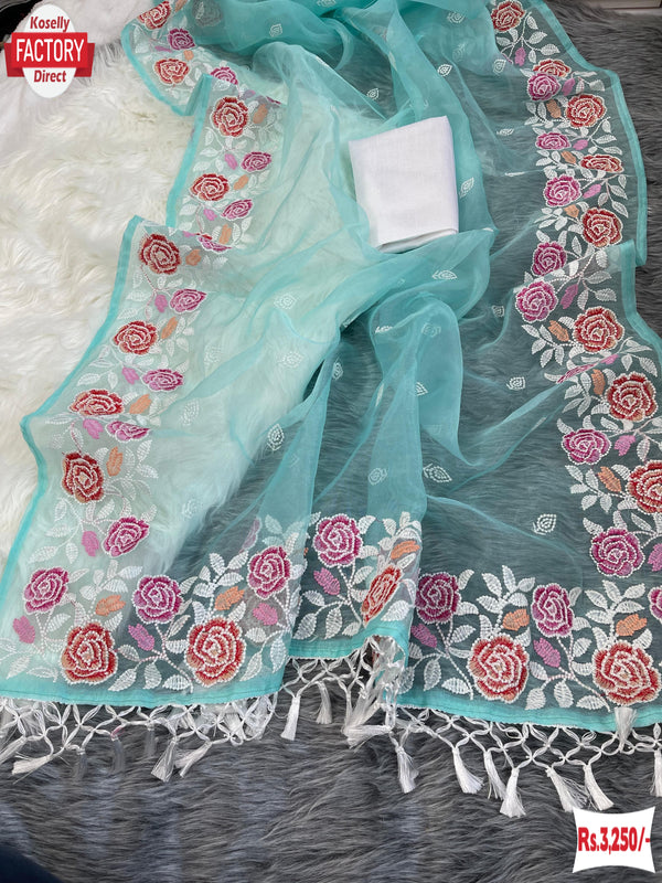 Sky Blue Pure Soft Organza Multi-embroidery Partywear Saree