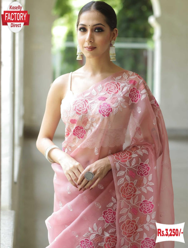 Pink Pure Soft Organza Multi-embroidery Partywear Saree