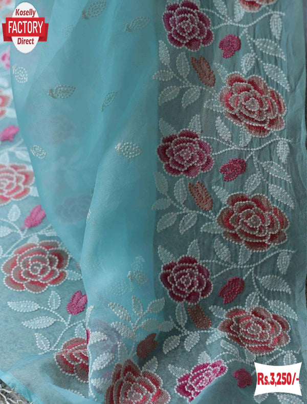 Sky Blue Pure Soft Organza Multi-embroidery Partywear Saree