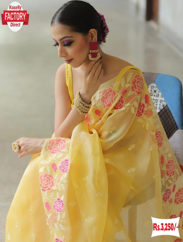 Yellow Pure Soft Organza Multi-embroidery Partywear Saree