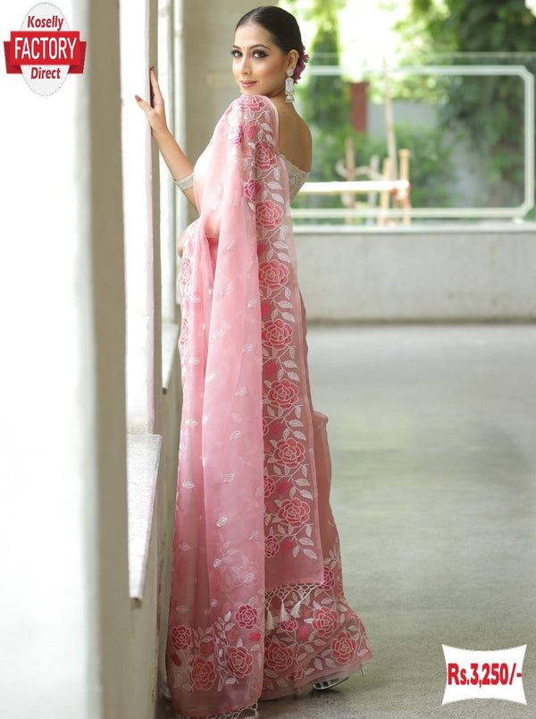 Pink Pure Soft Organza Multi-embroidery Partywear Saree