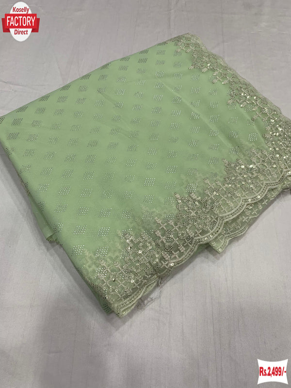 Mint Green Pure Georgette Sequins And Foil Work Partywear Saree