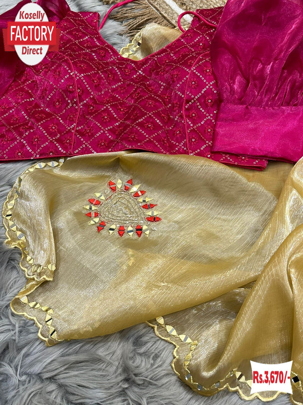 Golden Jimmy Choo Partywear Saree With Stitched Blouse