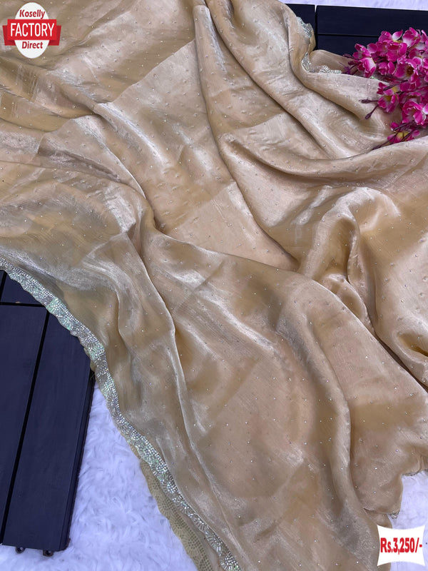 Golden Pure Burberry Silk Hand Stone Work Partywear Saree