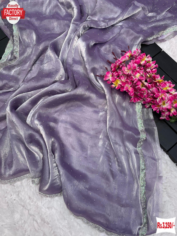 Lavender Pure Burberry Silk Hand Stone Work Partywear Saree