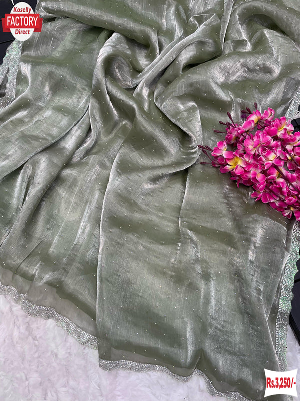 Dusty Green Pure Burberry Silk Hand Stone Work Partywear Saree