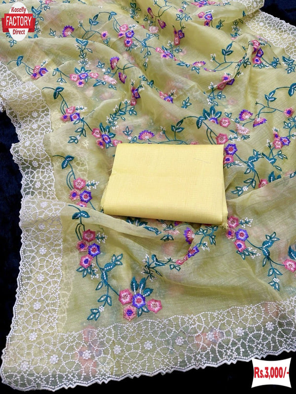 Light Yellow Khadi Organza Multi-thread Floral Embroidery Partywear Saree