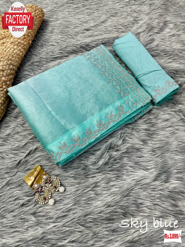 Sky Blue Pure Jimmy Choo Stone-work Partywear Saree