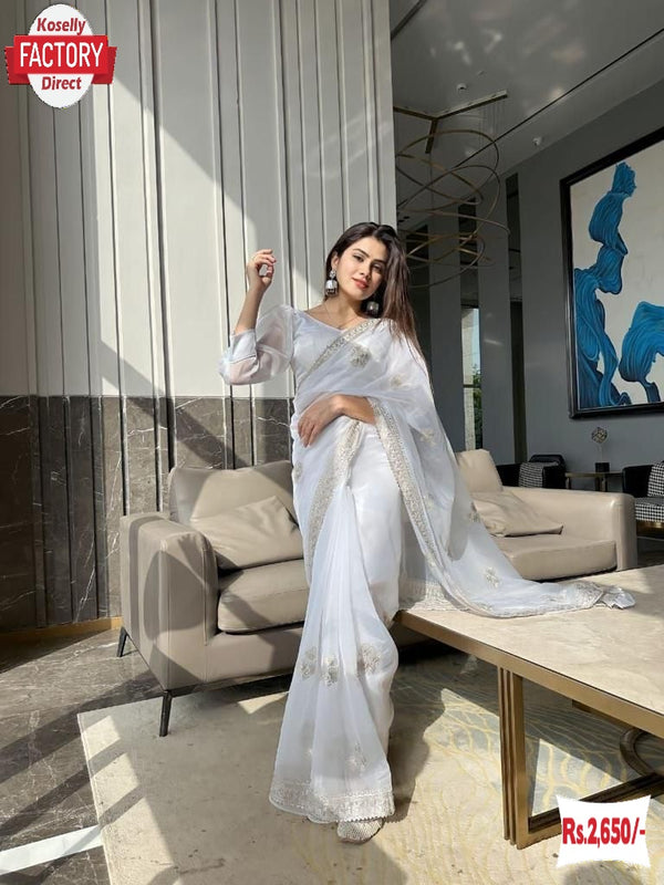 White Pure Organza Tissue Silk Thread Work Partywear Saree