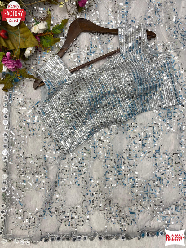 Grey Butterfly Net Sequins Work Partywear Saree