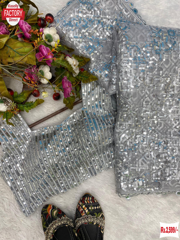 Grey Butterfly Net Sequins Work Partywear Saree