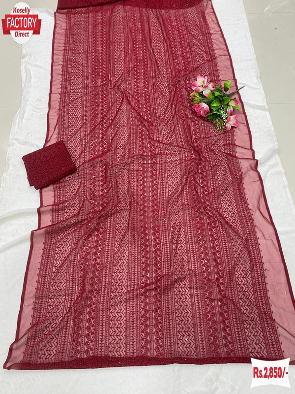 Maroon Georgette Chikankari Sequins Work Partywear Saree