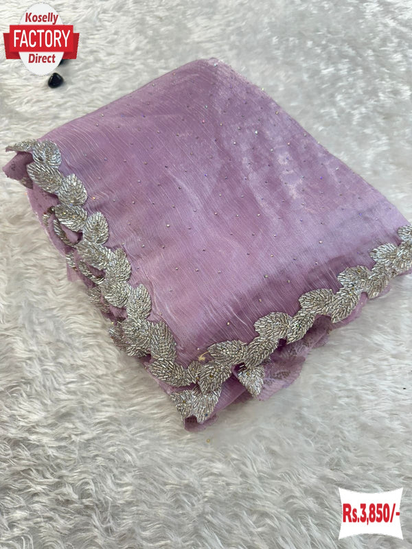 Lavender Pure Jimmy Choo Silk Zircon Stone Work Partywear Saree